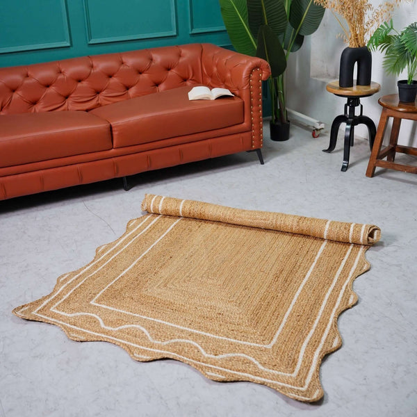Scalloped natural hemp runner and area rug with white wavy border