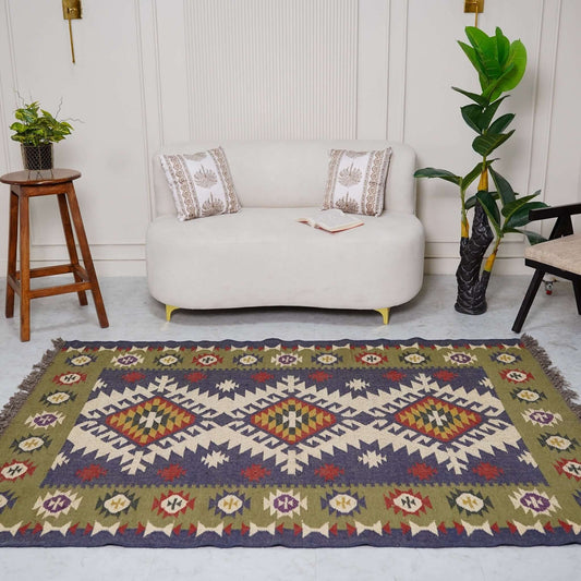 Handcrafted Wool - Jute Rug with Geometric Tribal Motifs - Gahlot International