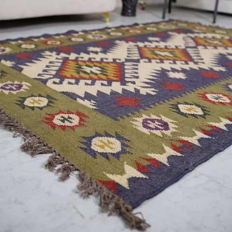 Handcrafted Wool - Jute Rug with Geometric Tribal Motifs - Gahlot International