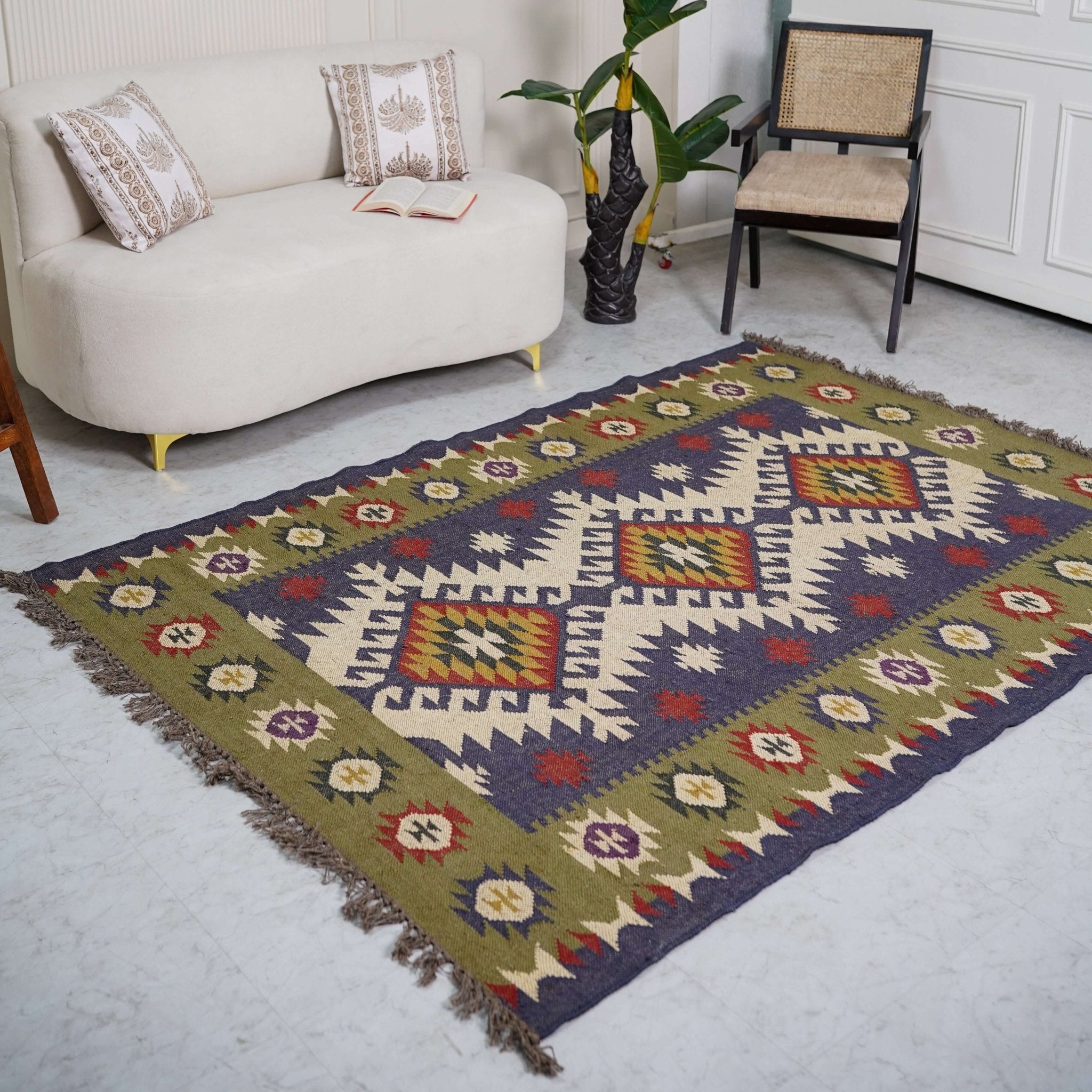 Handcrafted Wool - Jute Rug with Geometric Tribal Motifs - Gahlot International