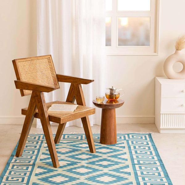 Handmade 100% Cotton Kilim - Inspired Blue Geometric Flatweave Rug - Gahlot International