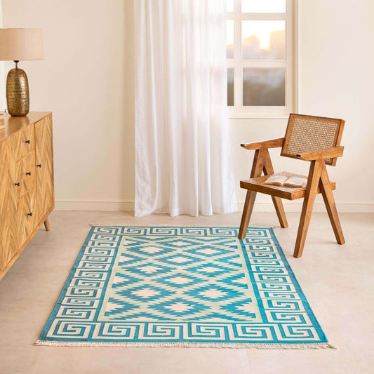 Handmade 100% Cotton Kilim - Inspired Blue Geometric Flatweave Rug - Gahlot International