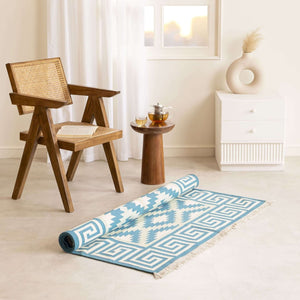 Handmade 100% Cotton Kilim - Inspired Blue Geometric Flatweave Rug - Gahlot International