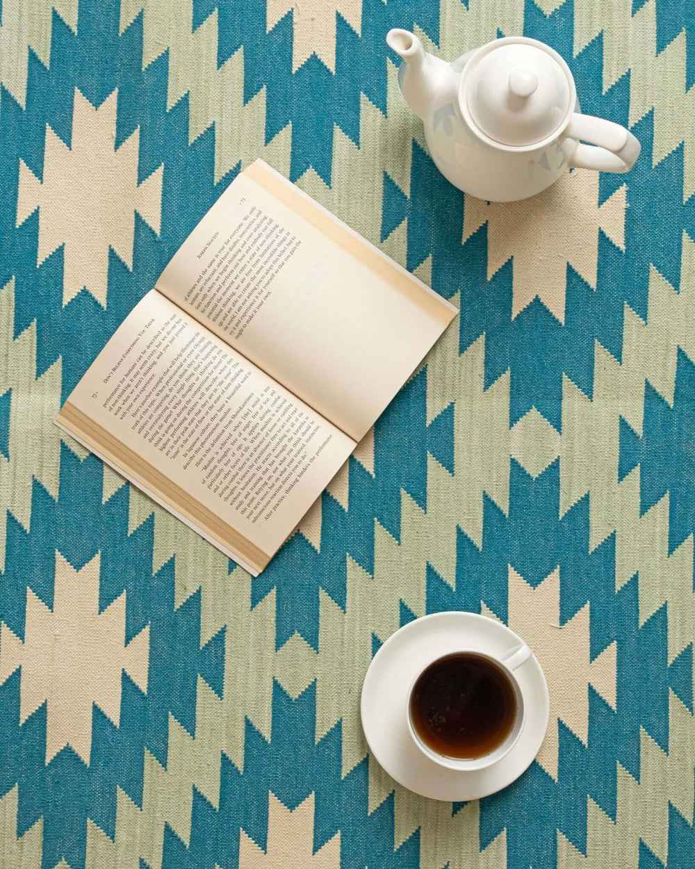 Handmade 100% Cotton Kilim - Inspired Blue Geometric Flatweave Rug - Gahlot International