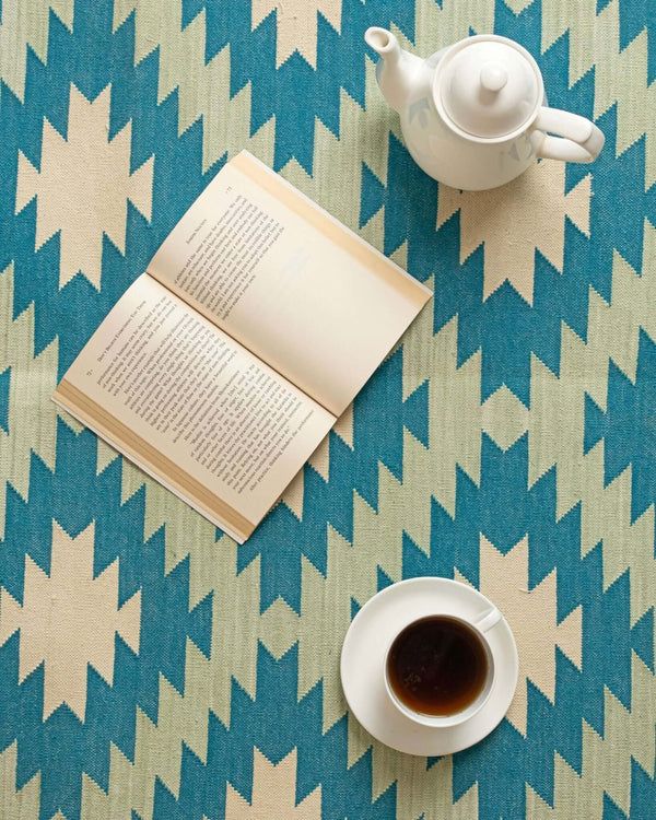 Handmade 100% Cotton Kilim - Inspired Blue Geometric Flatweave Rug - Gahlot International