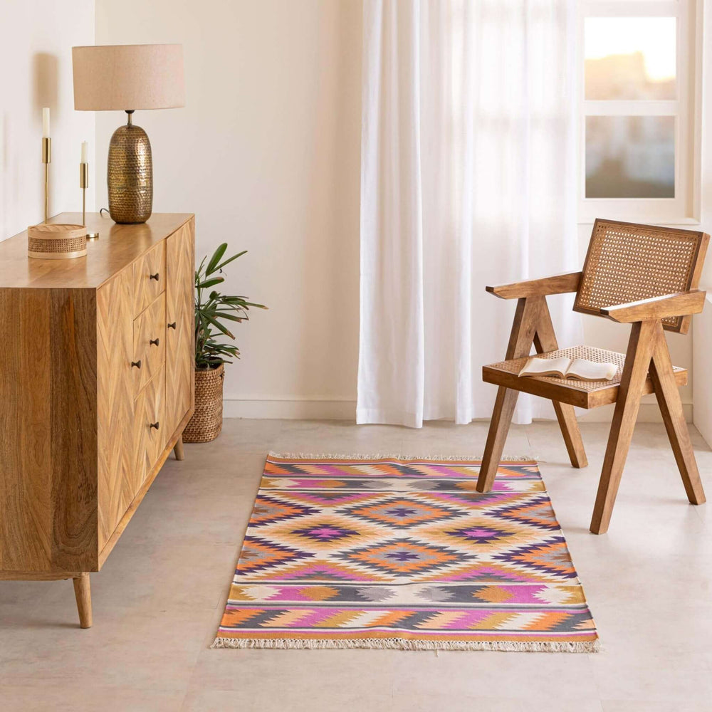 Handmade 100% Cotton Kilim - Inspired Geometric Flatweave Rug - Gahlot International