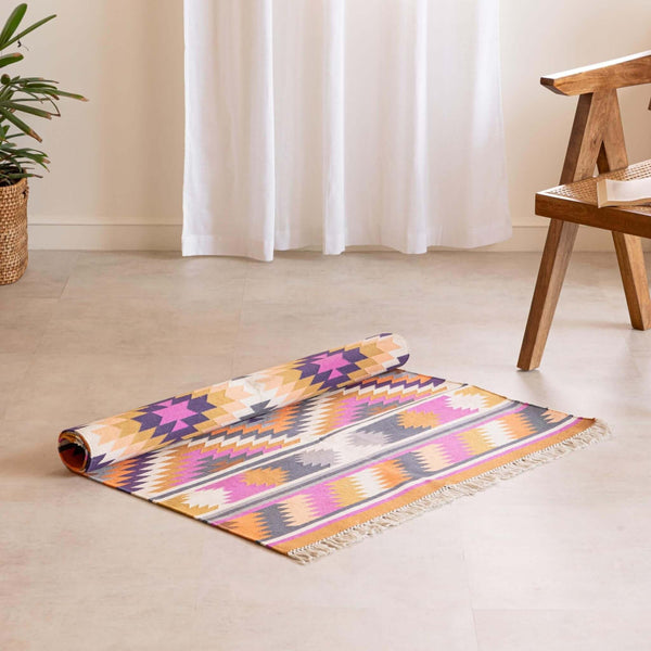 Handmade 100% Cotton Kilim - Inspired Geometric Flatweave Rug - Gahlot International