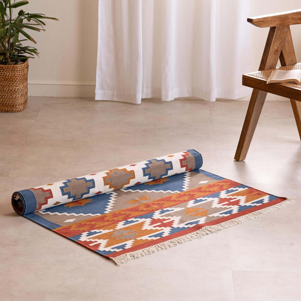 Handmade 100% Cotton Traditional Geometric Flatweave Rug - Gahlot Ftternational