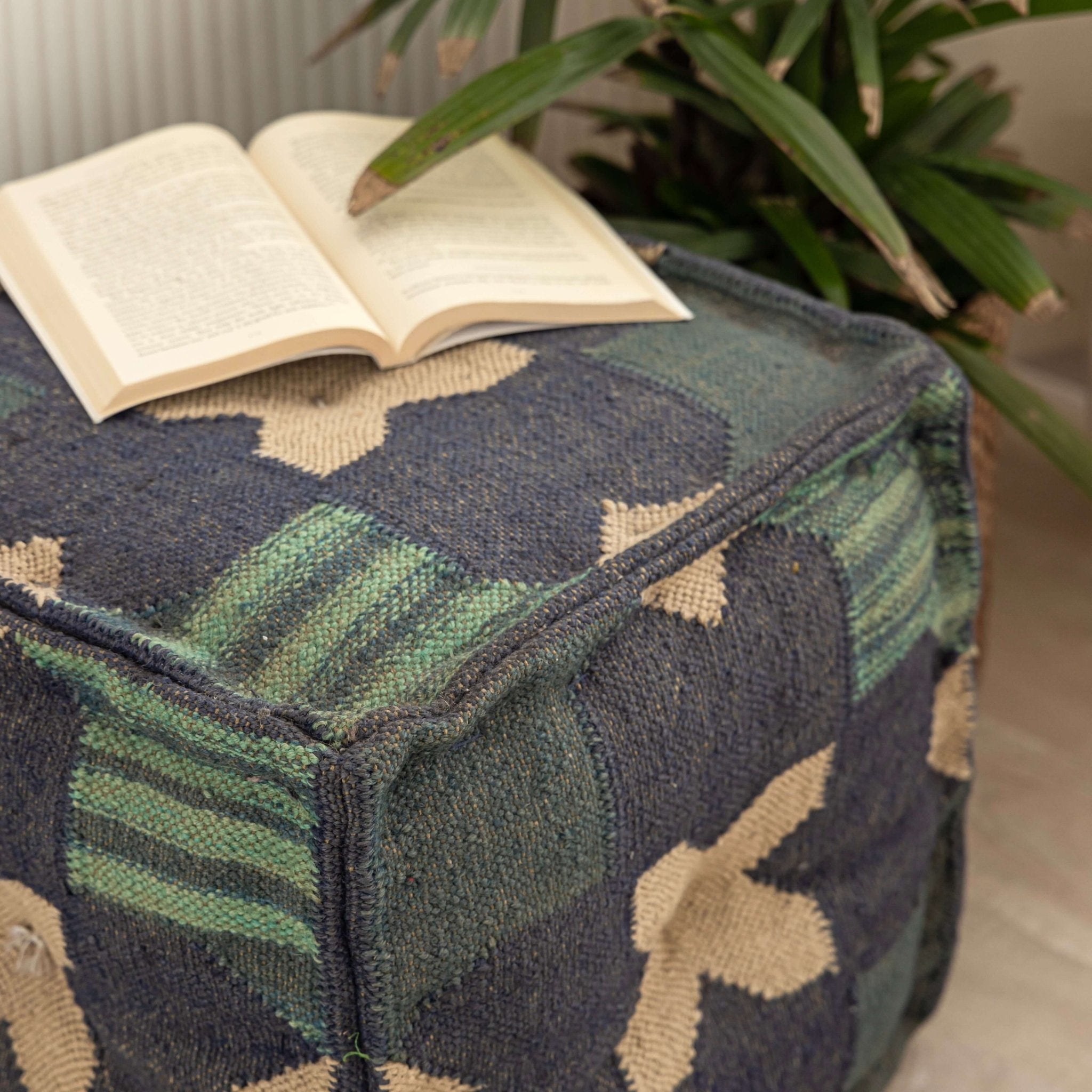 Handmade Wool - Jute Pouf with Geometric Floral Design | 42X42X42 Cm - Gahlot International