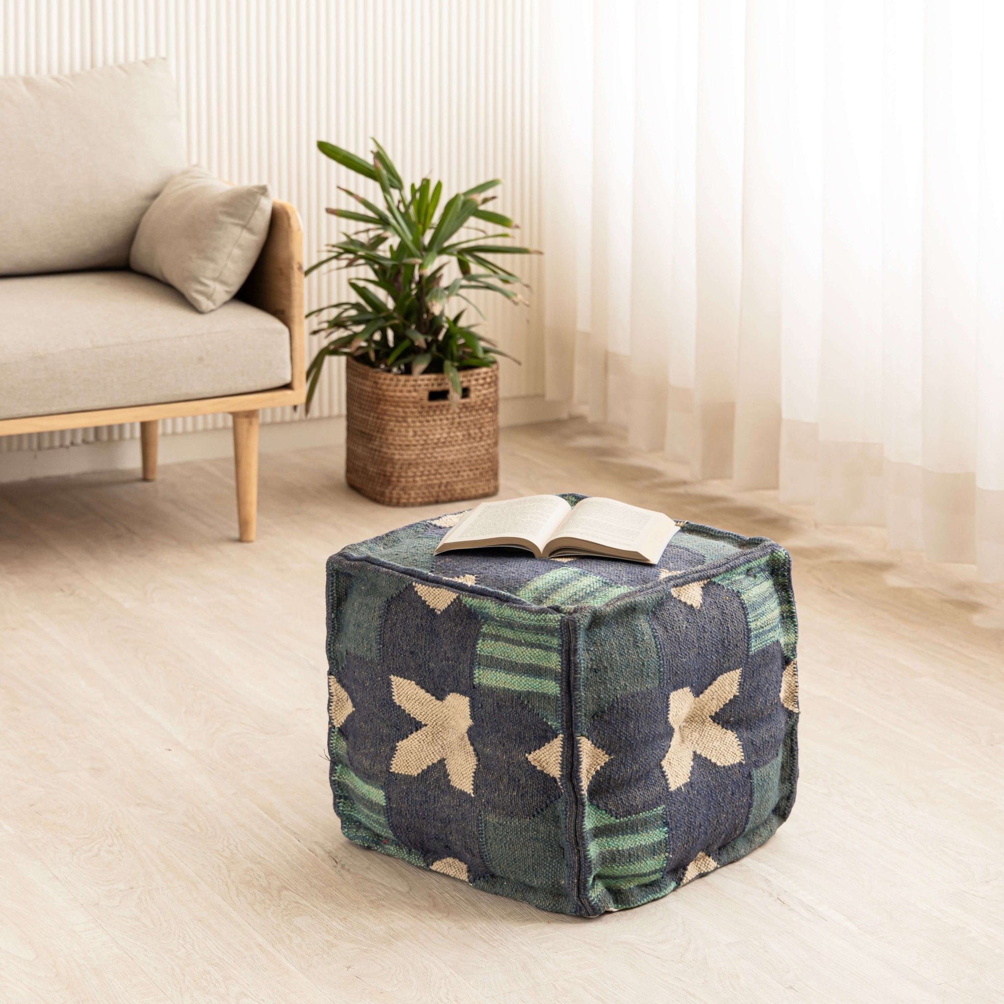 Handmade Wool - Jute Pouf with Geometric Floral Design | 42X42X42 Cm - Gahlot International