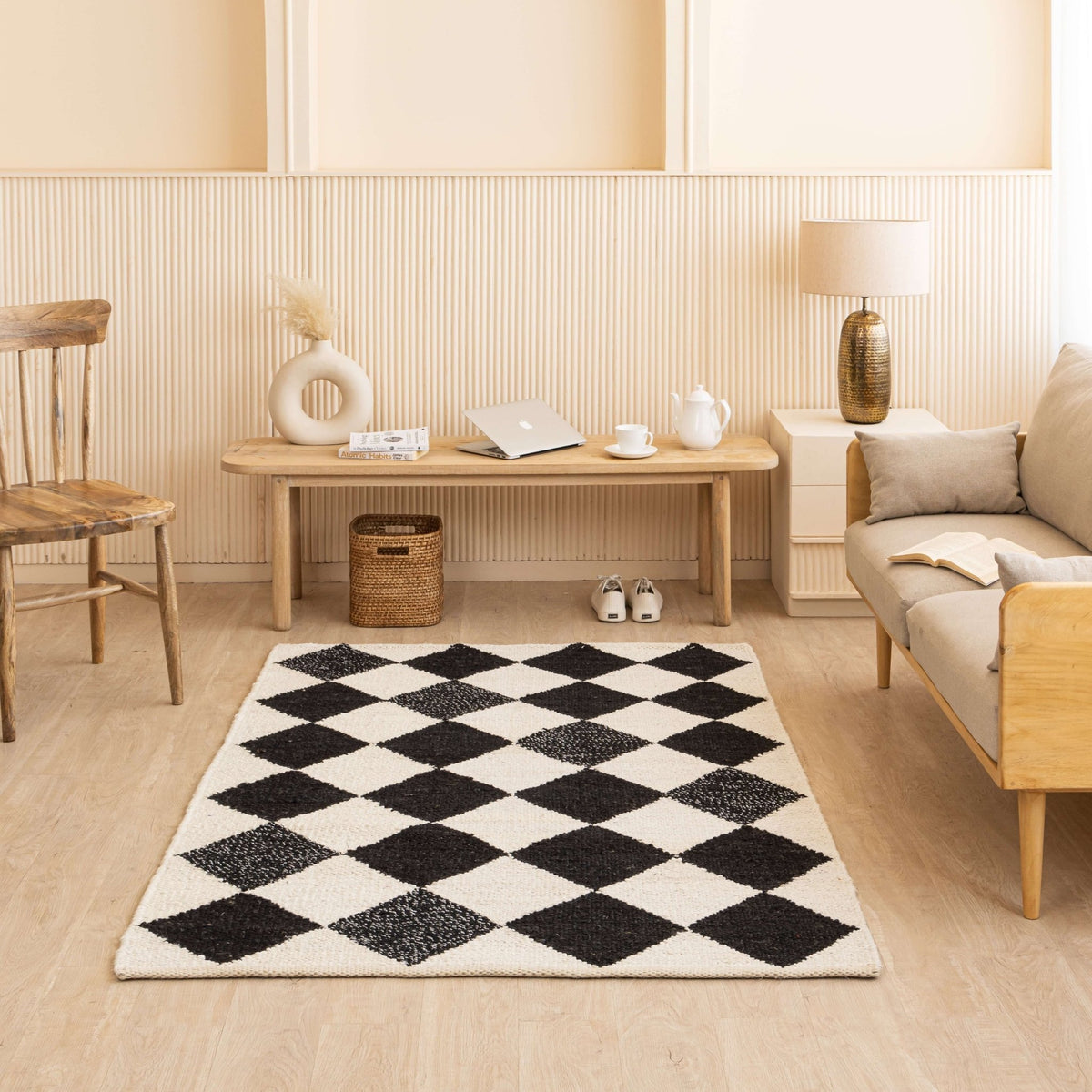 Handwoven Black & White Diamond Hemp Rug - Bold Geometric Design - Gahlot International