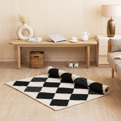 Handwoven Black & White Diamond Hemp Rug - Bold Geometric Design - Gahlot International