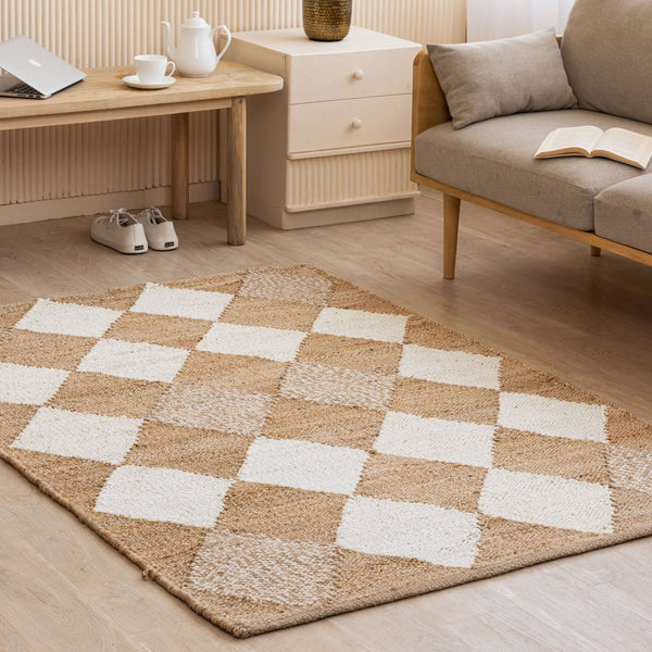 Handwoven Diamond - Checkered Hemp Rug - Natural Elegance with a Geometric Twist - Gahlot International