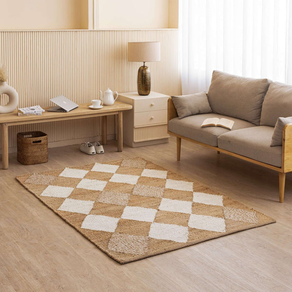 Handwoven Diamond - Checkered Hemp Rug - Natural Elegance with a Geometric Twist - Gahlot Ftternational