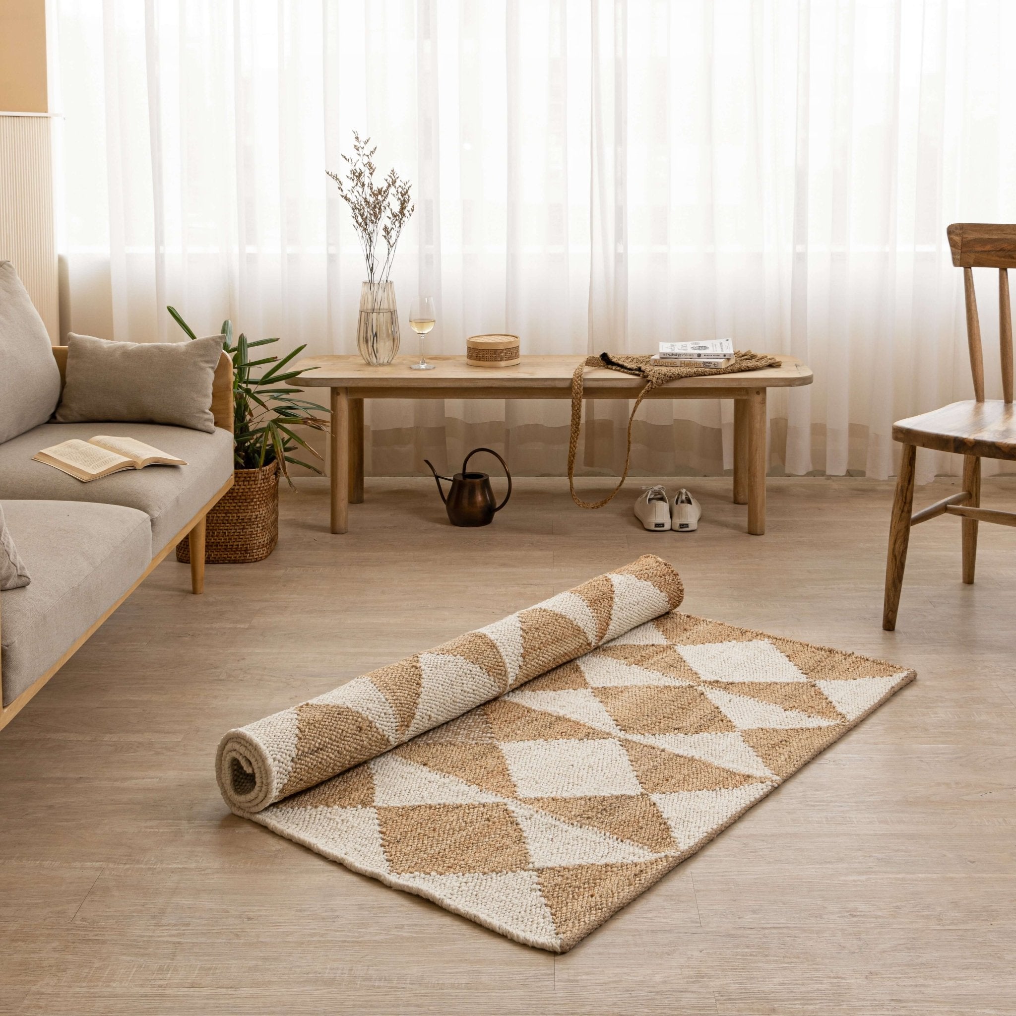 Handwoven Geometric Diamond Hemp Rug - Natural Elegance - Gahlot International