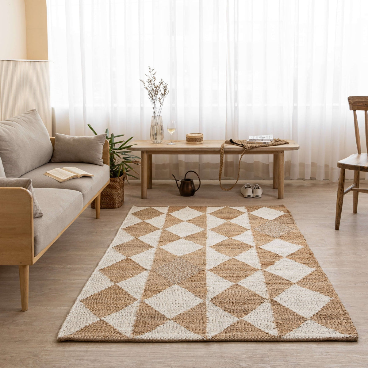 Handwoven Geometric Diamond Hemp Rug - Natural Elegance - Gahlot International