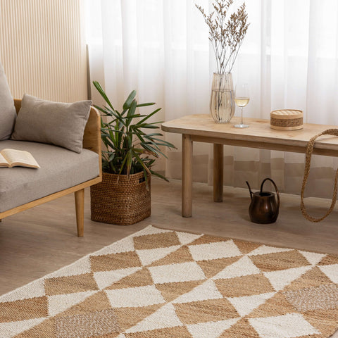 Handwoven Geometric Diamond Hemp Rug - Natural Elegance - Gahlot International