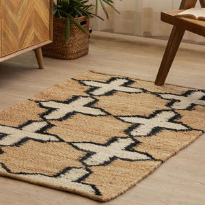 Handwoven Geometric Pattern Hemp Rug - Minimalist Black & White Flatweave - Gahlot International
