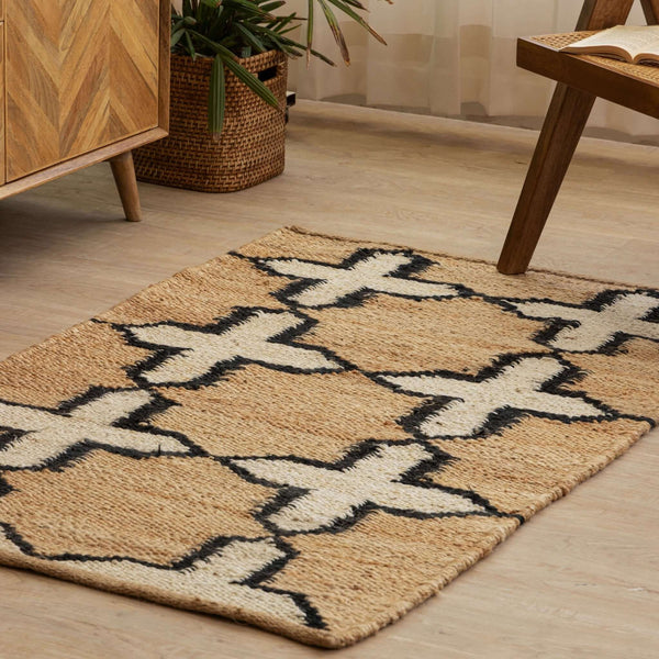 Handwoven Geometric Pattern Hemp Rug - Minimalist Black & White Flatweave - Gahlot International