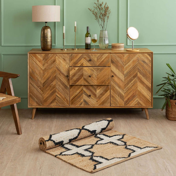 Handwoven Geometric Pattern Hemp Rug - Minimalist Black & White Flatweave - Gahlot International