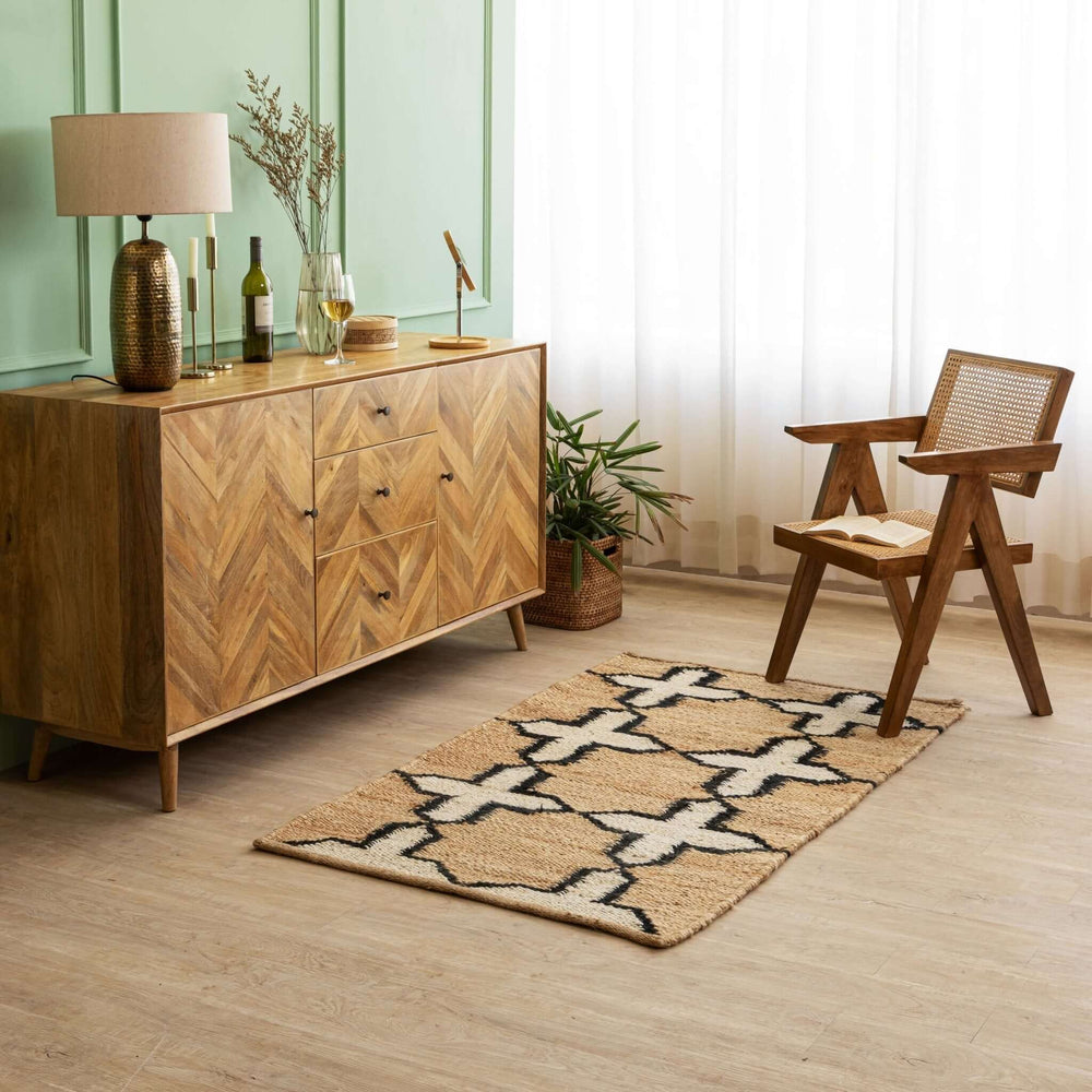 Handwoven Geometric Pattern Hemp Rug - Minimalist Black & White Flatweave - Gahlot International