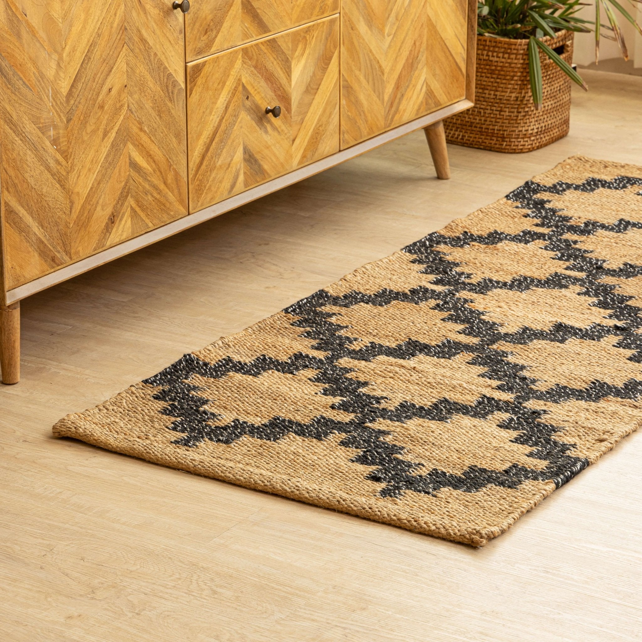 Handwoven Geometric Pattern Hemp Runner Rug - Natural Elegance - Gahlot International