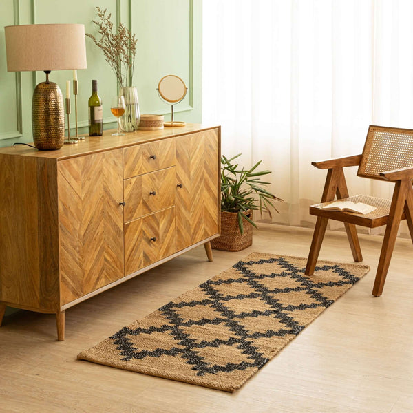 Handwoven Geometric Pattern Hemp Runner Rug - Natural Elegance - Gahlot Ftternational