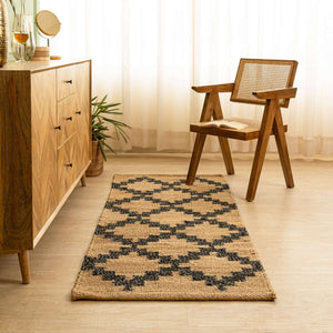 Handwoven Geometric Pattern Hemp Runner Rug - Natural Elegance - Gahlot Ftternational