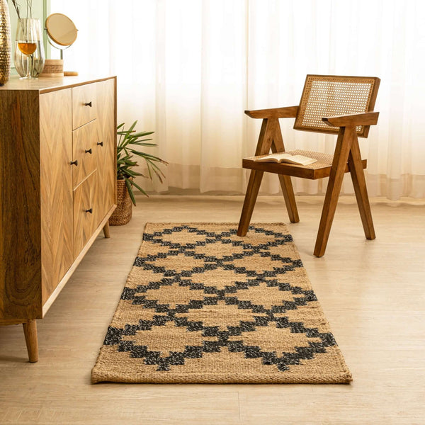 Handwoven Geometric Pattern Hemp Runner Rug - Natural Elegance - Gahlot Ftternational