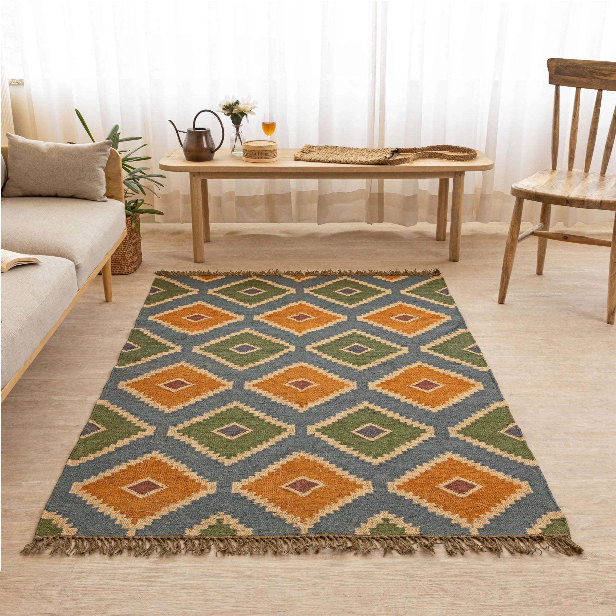 Handwoven Geometric Wool - Jute Area Rug - Bohemian Charm in Earth Tones - Gahlot International