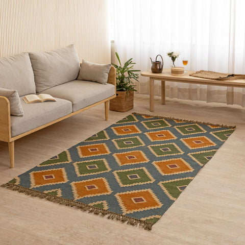 Handwoven Geometric Wool - Jute Area Rug - Bohemian Charm in Earth Tones - Gahlot International