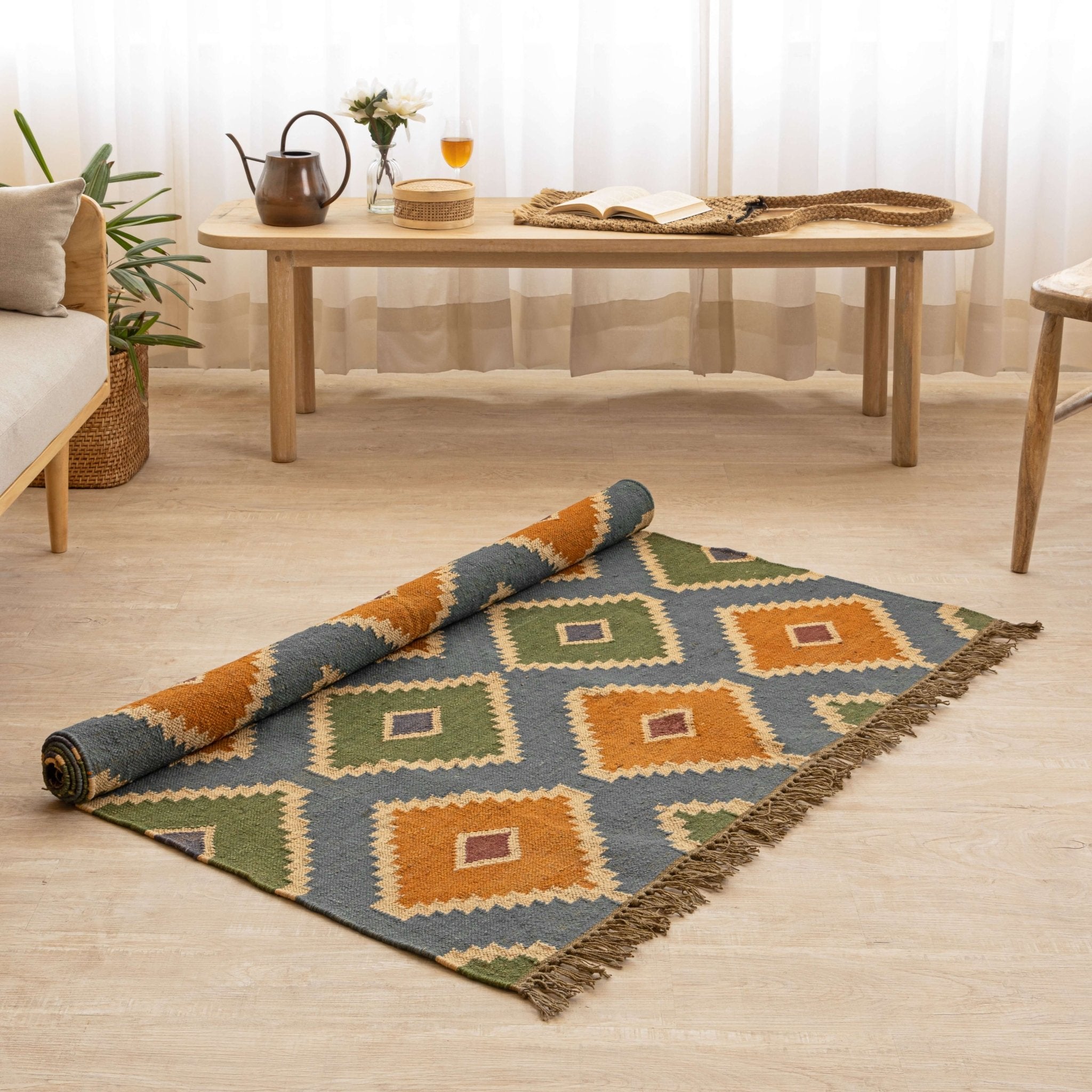 Handwoven Geometric Wool - Jute Area Rug - Bohemian Charm in Earth Tones - Gahlot International