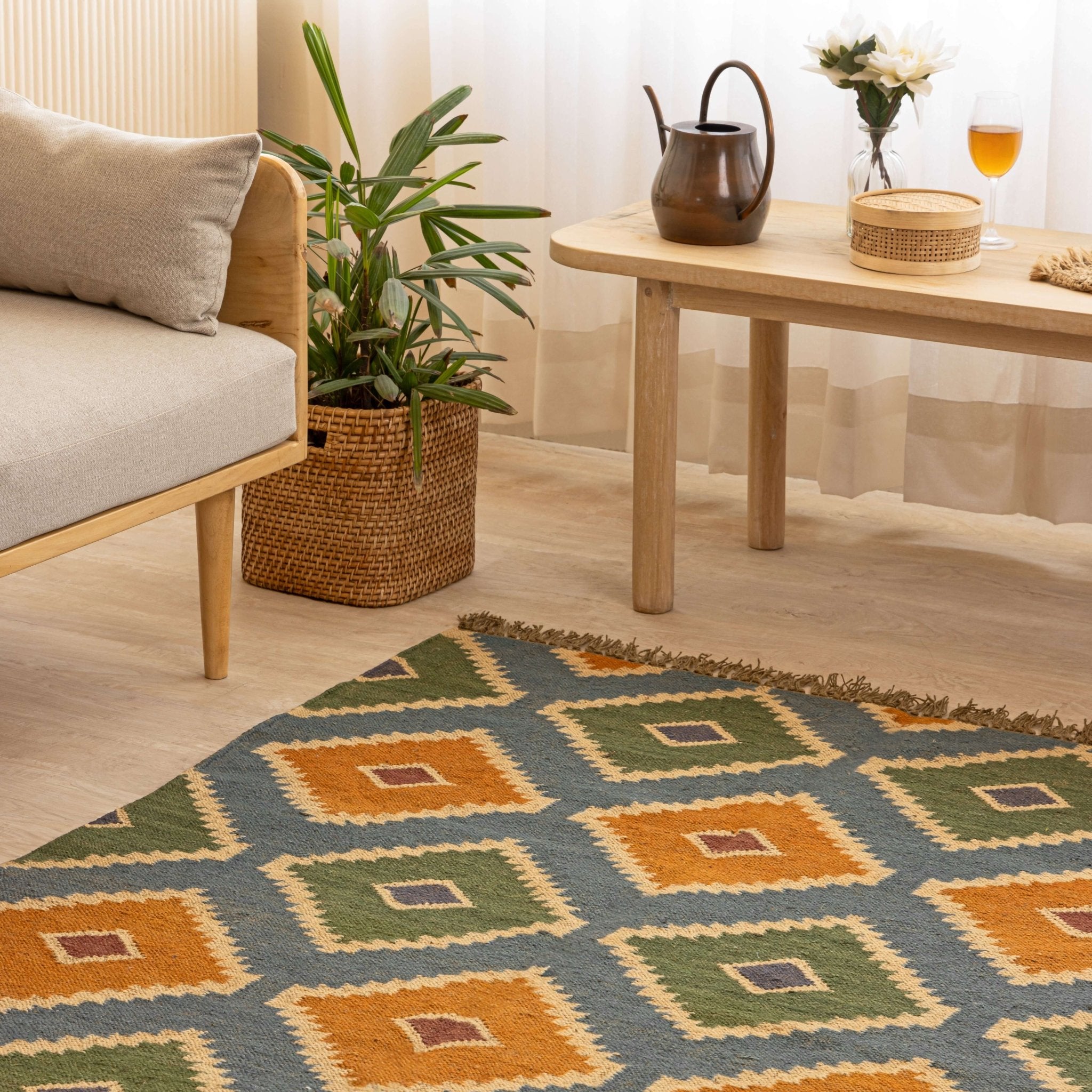 Handwoven Geometric Wool - Jute Area Rug - Bohemian Charm in Earth Tones - Gahlot International