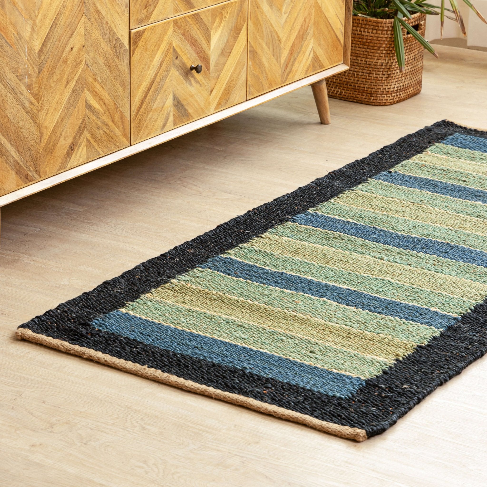 Handwoven Hemp Runner Rug with Coastal Stripe Design - Flatweave in Blue and Green Tones - Gahlot International