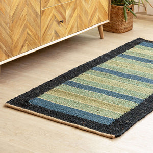 Handwoven Hemp Runner Rug with Coastal Stripe Design - Flatweave in Blue and Green Tones - Gahlot International