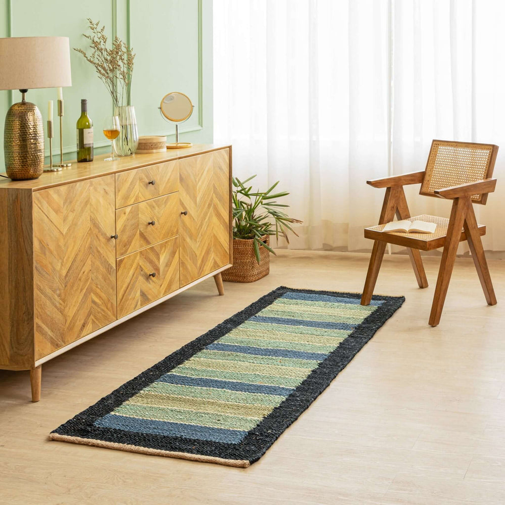 Handwoven Hemp Runner Rug with Coastal Stripe Design - Flatweave in Blue and Green Tones - Gahlot International