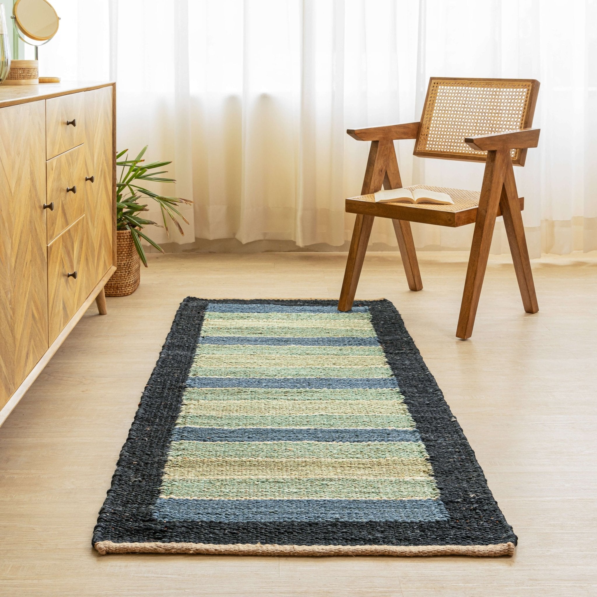 Handwoven Hemp Runner Rug with Coastal Stripe Design - Flatweave in Blue and Green Tones - Gahlot International