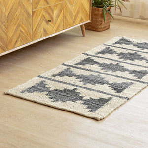 Handwoven Hemp Runner Rug with Geometric Tribal Design - Neutral Tones Flatweave - Gahlot International