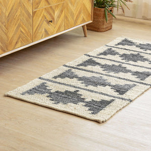 Handwoven Hemp Runner Rug with Geometric Tribal Design - Neutral Tones Flatweave - Gahlot International