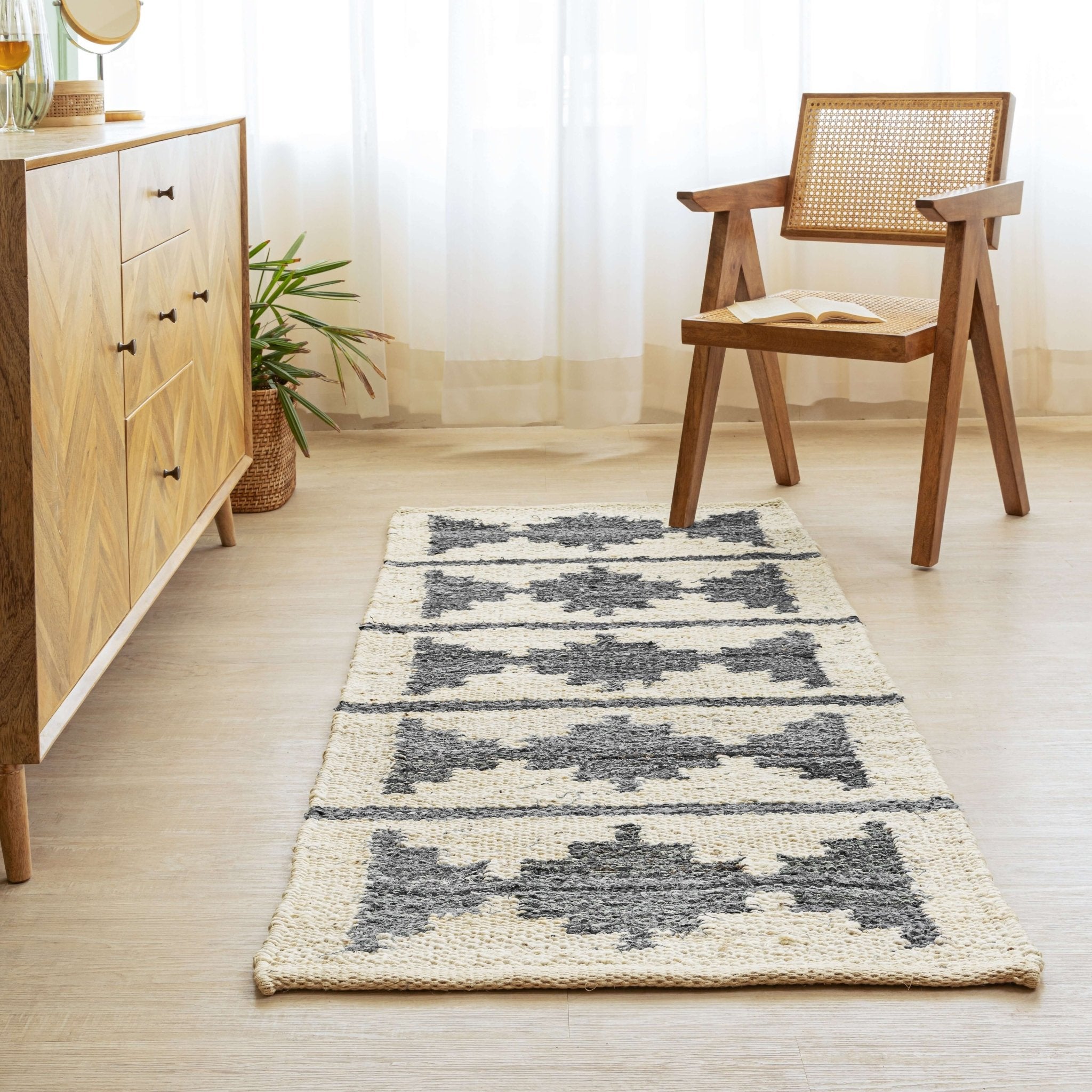 Handwoven Hemp Runner Rug with Geometric Tribal Design - Neutral Tones Flatweave - Gahlot International