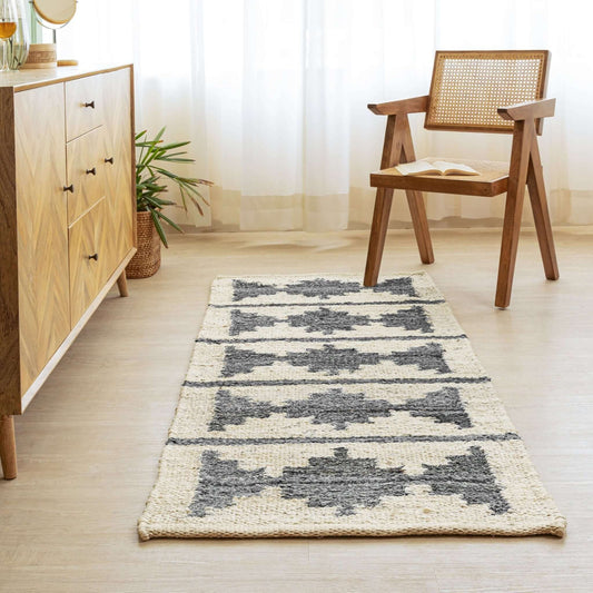 Handwoven Hemp Runner Rug with Geometric Tribal Design - Neutral Tones Flatweave - Gahlot International