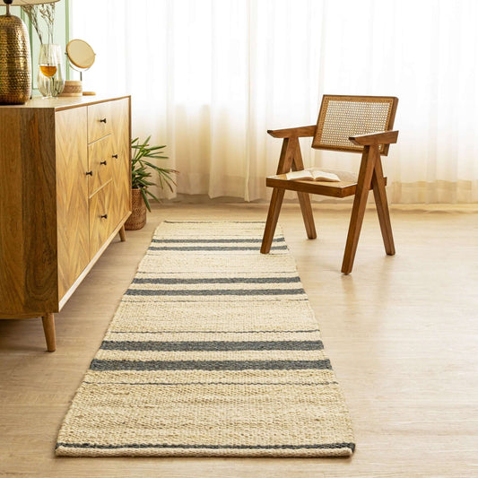 Handwoven Hemp Runner Rug with Striped Accents - Coastal Minimalist Flatweave - Gahlot International