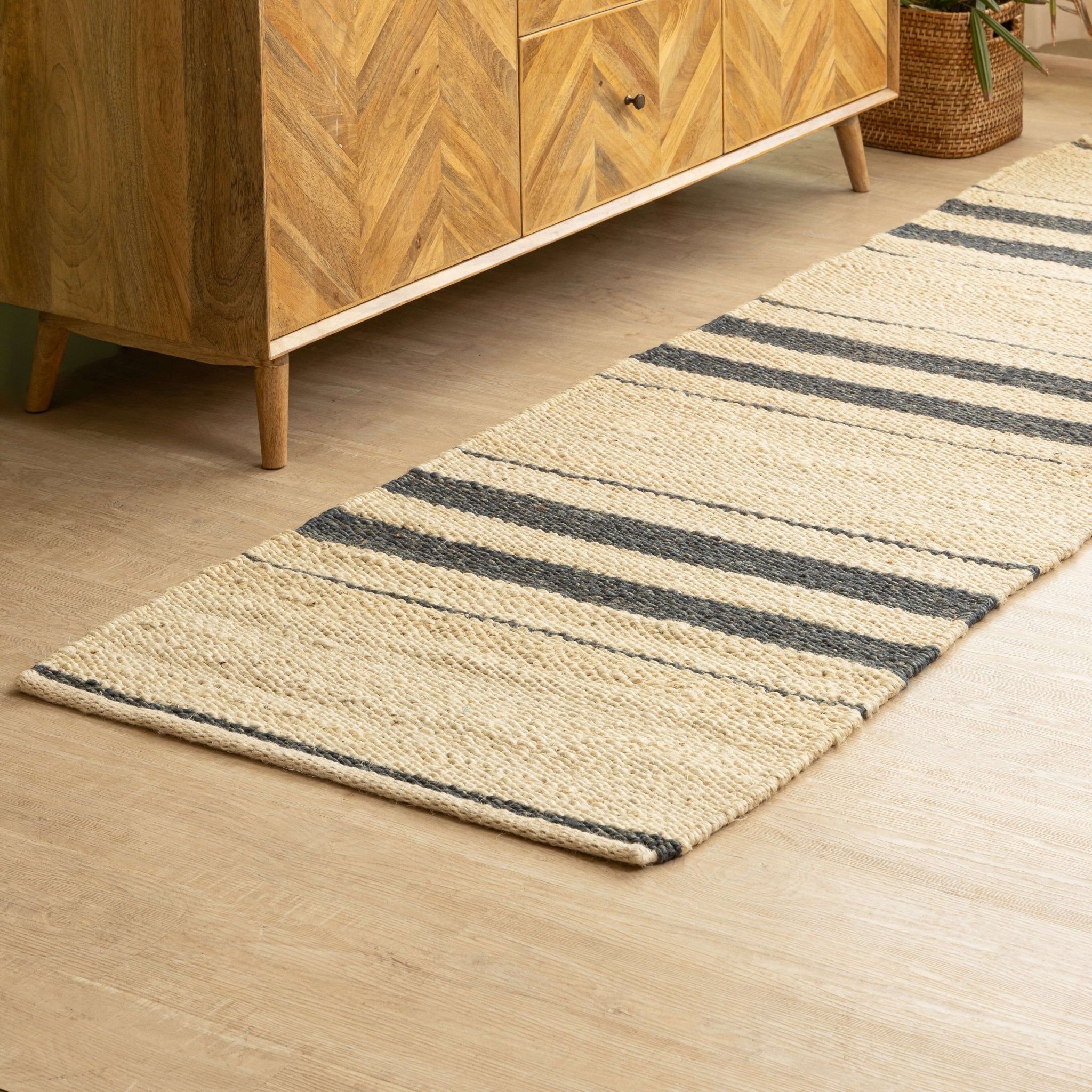 Handwoven Hemp Runner Rug with Striped Accents - Coastal Minimalist Flatweave - Gahlot International