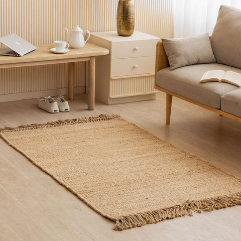 Handwoven Natural Hemp Flatweave Rug with Fringe - Rustic Minimalist Design - Gahlot International