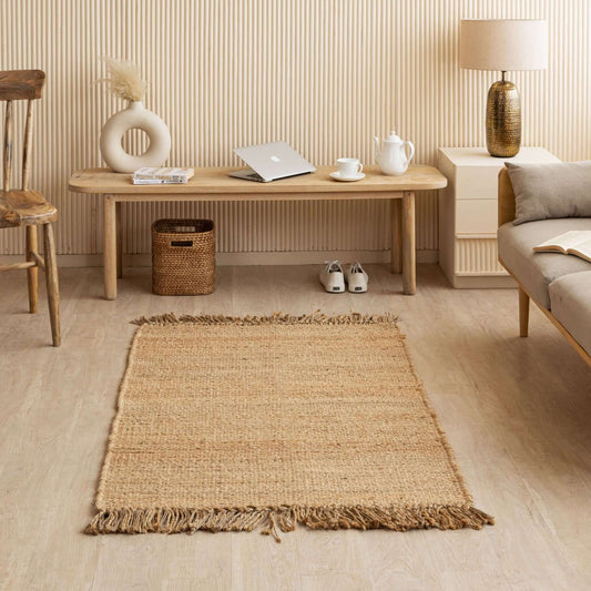 Handwoven Natural Hemp Flatweave Rug with Fringe - Rustic Minimalist Design - Gahlot International