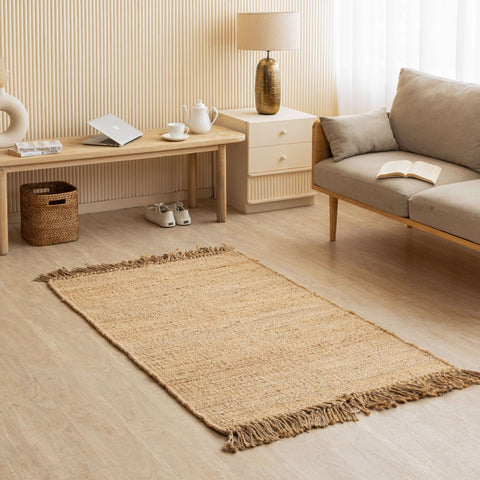 Handwoven Natural Hemp Flatweave Rug with Fringe - Rustic Minimalist Design - Gahlot International