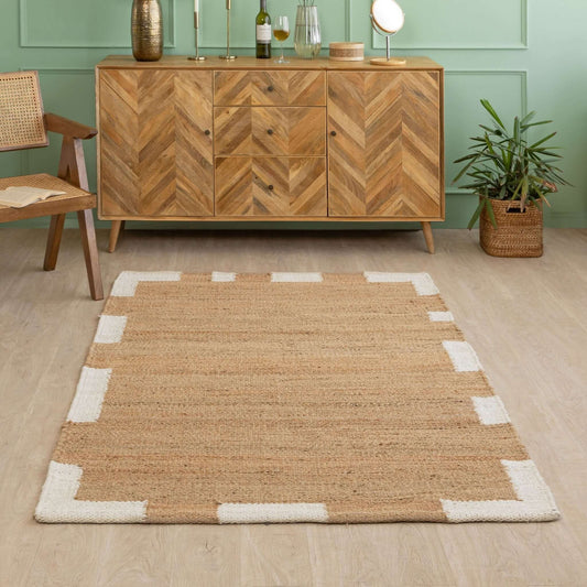 Handwoven Natural Hemp Rug with Modern White Block Accents - Flatweave Minimalist Design - Gahlot International