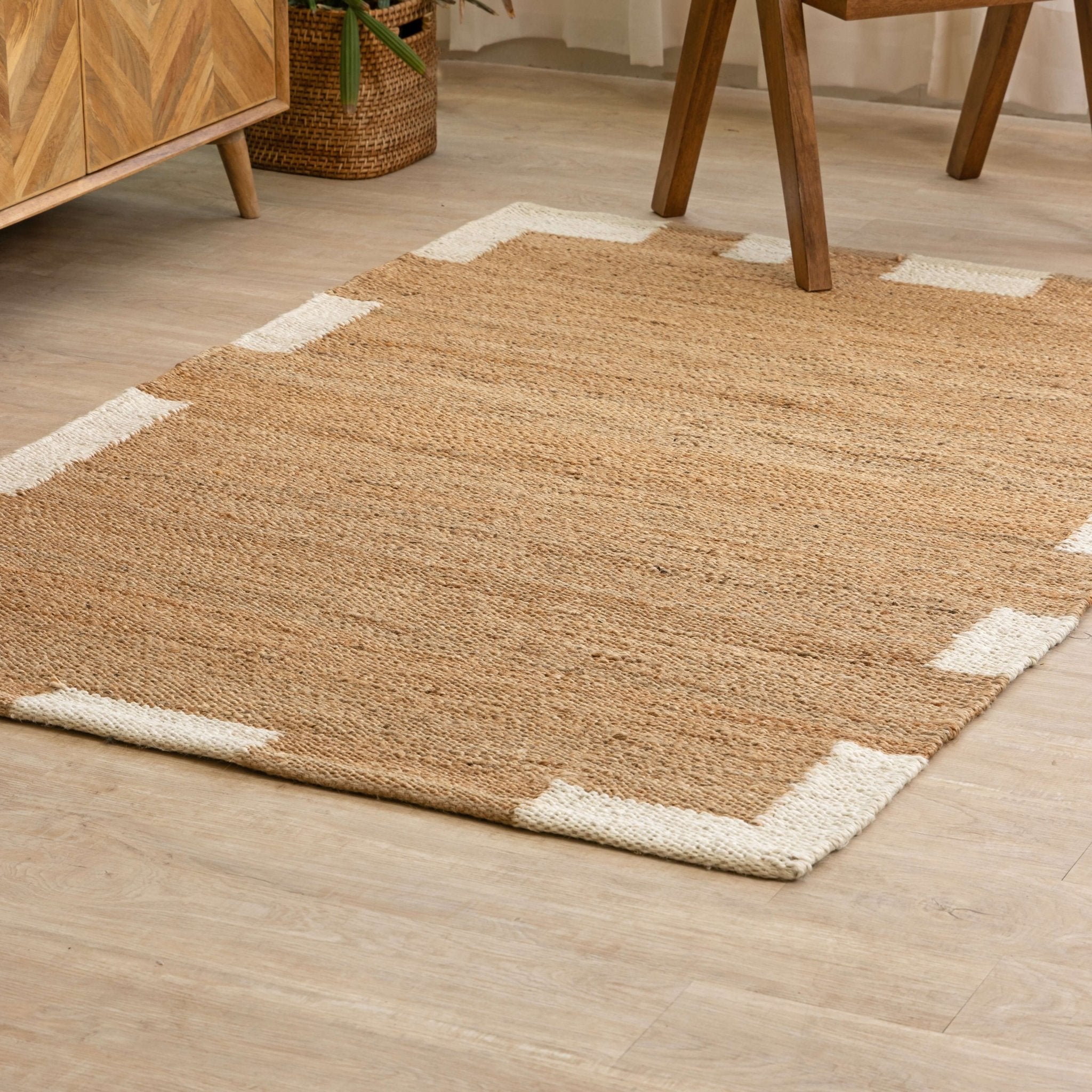 Handwoven Natural Hemp Rug with Modern White Block Accents - Flatweave Minimalist Design - Gahlot International