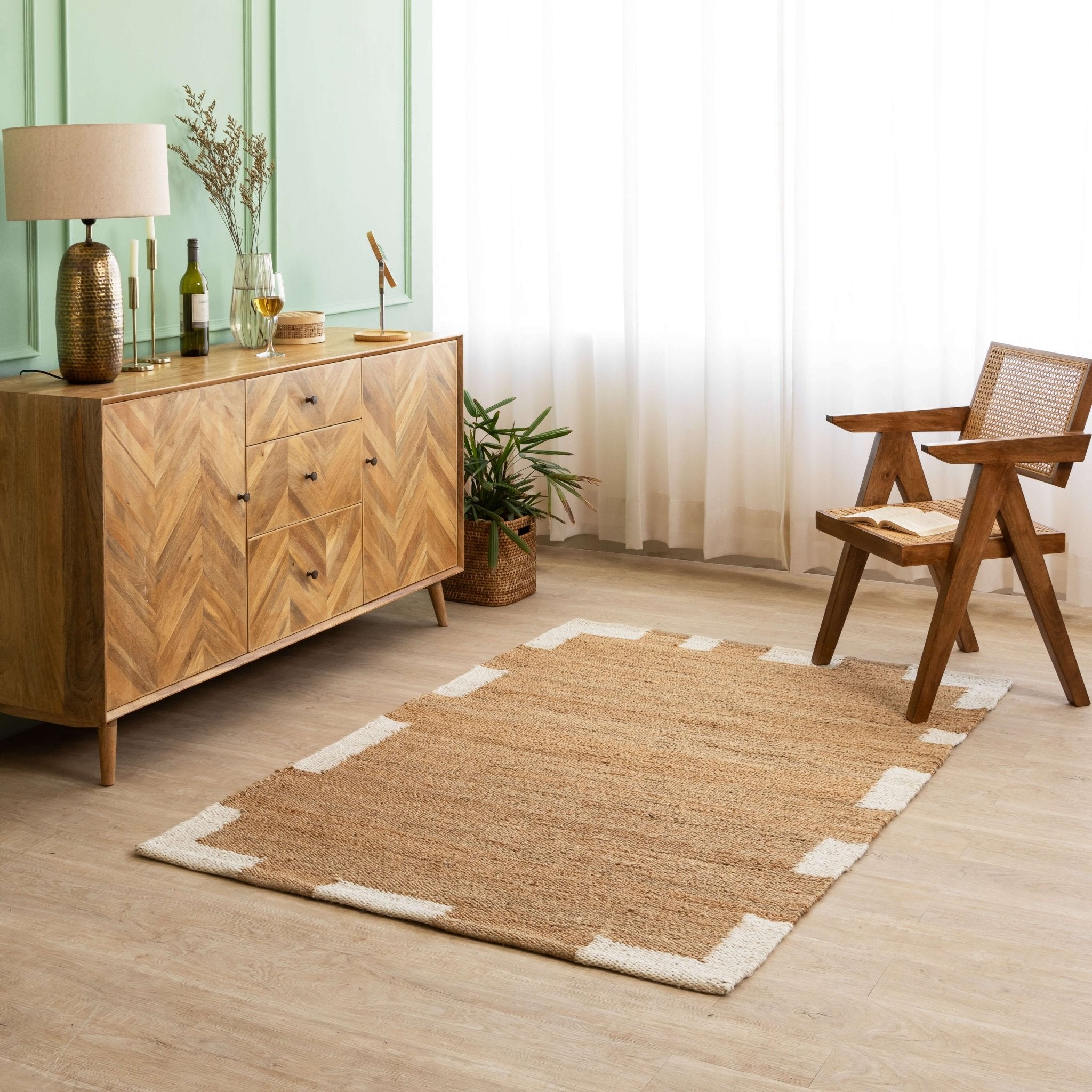 Handwoven Natural Hemp Rug with Modern White Block Accents - Flatweave Minimalist Design - Gahlot International