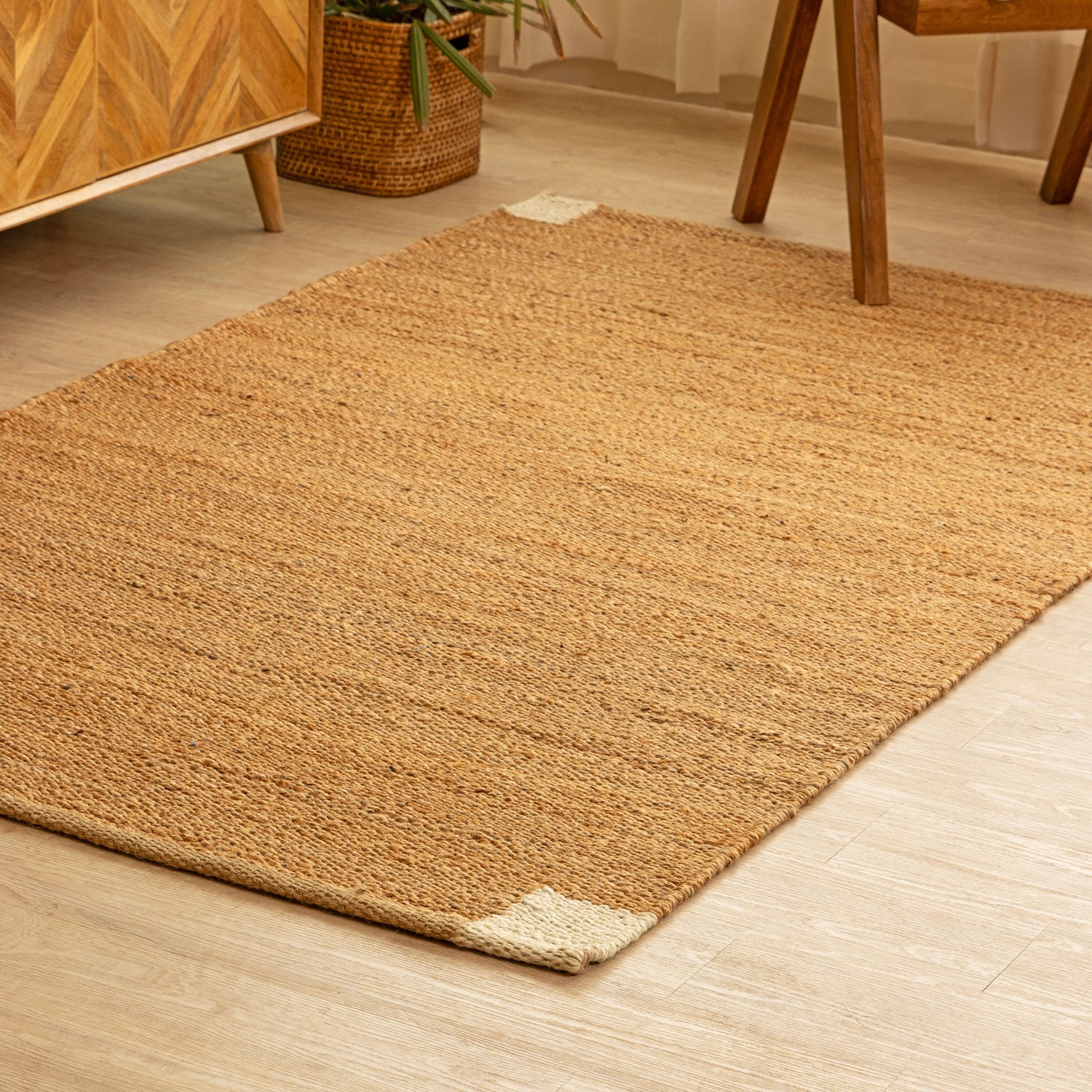 Handwoven Natural Hemp Rug with Subtle White Corner Accents - Minimalist Flatweave - Gahlot International